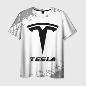 Мужская футболка 3D с принтом Tesla speed на светлом фоне со следами шин в Петрозаводске, 100% полиэфир | прямой крой, круглый вырез горловины, длина до линии бедер | Тематика изображения на принте: 