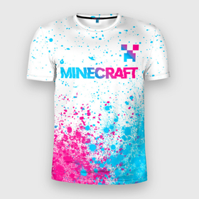 Мужская футболка 3D Slim с принтом Minecraft neon gradient style: символ сверху в Санкт-Петербурге, 100% полиэстер с улучшенными характеристиками | приталенный силуэт, круглая горловина, широкие плечи, сужается к линии бедра | 