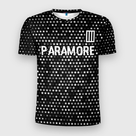 Мужская футболка 3D Slim с принтом Paramore glitch на темном фоне: символ сверху в Новосибирске, 100% полиэстер с улучшенными характеристиками | приталенный силуэт, круглая горловина, широкие плечи, сужается к линии бедра | Тематика изображения на принте: 