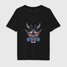 Мужская футболка хлопок Oversize с принтом Японская маска демона в Курске, 100% хлопок | свободный крой, круглый ворот, “спинка” длиннее передней части | 