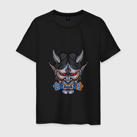 Мужская футболка хлопок с принтом Японская маска демона в Екатеринбурге, 100% хлопок | прямой крой, круглый вырез горловины, длина до линии бедер, слегка спущенное плечо. | 