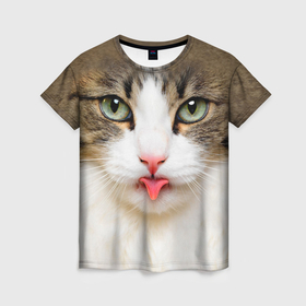 Женская футболка 3D с принтом Кошка показывает язык в Кировске, 100% полиэфир ( синтетическое хлопкоподобное полотно) | прямой крой, круглый вырез горловины, длина до линии бедер | 