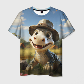 Мужская футболка 3D с принтом Милый крокодил в шляпке в Белгороде, 100% полиэфир | прямой крой, круглый вырез горловины, длина до линии бедер | 