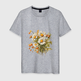Мужская футболка хлопок с принтом цветок букет ромашек в Белгороде, 100% хлопок | прямой крой, круглый вырез горловины, длина до линии бедер, слегка спущенное плечо. | 