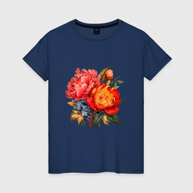 Женская футболка хлопок с принтом Красные пионы и голубая гортензия цветы в Белгороде, 100% хлопок | прямой крой, круглый вырез горловины, длина до линии бедер, слегка спущенное плечо | 