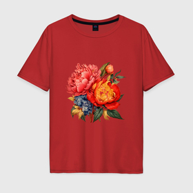 Мужская футболка хлопок Oversize с принтом Красные пионы и голубая гортензия цветы , 100% хлопок | свободный крой, круглый ворот, “спинка” длиннее передней части | Тематика изображения на принте: 