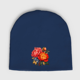 Мужская шапка демисезонная с принтом Красные пионы и голубая гортензия цветы ,  |  | Тематика изображения на принте: 