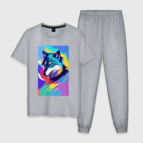 Мужская пижама хлопок с принтом Wolf   pop art   neural network в Белгороде, 100% хлопок | брюки и футболка прямого кроя, без карманов, на брюках мягкая резинка на поясе и по низу штанин
 | 