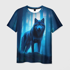 Мужская футболка 3D с принтом Волк в ночном  лесу , 100% полиэфир | прямой крой, круглый вырез горловины, длина до линии бедер | Тематика изображения на принте: 