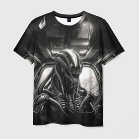 Мужская футболка 3D с принтом Ксеноморф в каюте космического корабля в Кировске, 100% полиэфир | прямой крой, круглый вырез горловины, длина до линии бедер | 