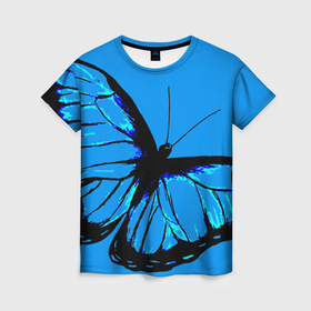 Женская футболка 3D с принтом Бабочка стилизация синий в Тюмени, 100% полиэфир ( синтетическое хлопкоподобное полотно) | прямой крой, круглый вырез горловины, длина до линии бедер | 