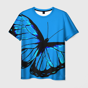 Мужская футболка 3D с принтом Бабочка стилизация синий в Санкт-Петербурге, 100% полиэфир | прямой крой, круглый вырез горловины, длина до линии бедер | 