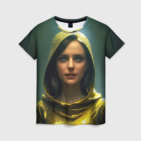 Женская футболка 3D с принтом Девушка в позолоченном плаще под дождём в Екатеринбурге, 100% полиэфир ( синтетическое хлопкоподобное полотно) | прямой крой, круглый вырез горловины, длина до линии бедер | 