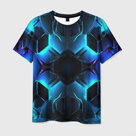 Мужская футболка 3D с принтом Неоновые синие плиты в Екатеринбурге, 100% полиэфир | прямой крой, круглый вырез горловины, длина до линии бедер | 