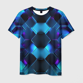 Мужская футболка 3D с принтом Синие неоновые    плиты в Петрозаводске, 100% полиэфир | прямой крой, круглый вырез горловины, длина до линии бедер | 
