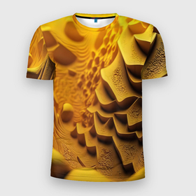 Мужская футболка 3D Slim с принтом Желтая  объемная  абстракция в Кировске, 100% полиэстер с улучшенными характеристиками | приталенный силуэт, круглая горловина, широкие плечи, сужается к линии бедра | 