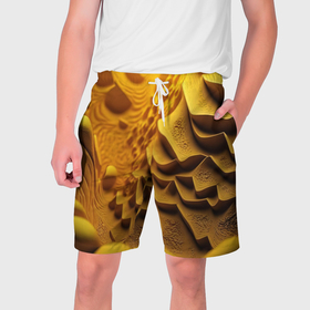 Мужские шорты 3D с принтом Желтая  объемная  абстракция в Новосибирске,  полиэстер 100% | прямой крой, два кармана без застежек по бокам. Мягкая трикотажная резинка на поясе, внутри которой широкие завязки. Длина чуть выше колен | 