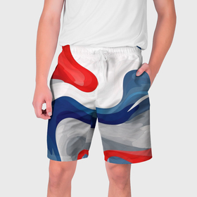 Мужские шорты 3D с принтом Абстракция в цветах флага России в Кировске,  полиэстер 100% | прямой крой, два кармана без застежек по бокам. Мягкая трикотажная резинка на поясе, внутри которой широкие завязки. Длина чуть выше колен | 