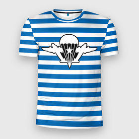 Мужская футболка 3D Slim с принтом тельняшка синяя   логотип вдв в Екатеринбурге, 100% полиэстер с улучшенными характеристиками | приталенный силуэт, круглая горловина, широкие плечи, сужается к линии бедра | Тематика изображения на принте: 
