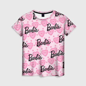 Женская футболка 3D с принтом Логотип Барби и розовое кружево в Белгороде, 100% полиэфир ( синтетическое хлопкоподобное полотно) | прямой крой, круглый вырез горловины, длина до линии бедер | 