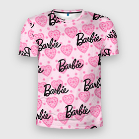 Мужская футболка 3D Slim с принтом Логотип Барби и розовое кружево в Тюмени, 100% полиэстер с улучшенными характеристиками | приталенный силуэт, круглая горловина, широкие плечи, сужается к линии бедра | 