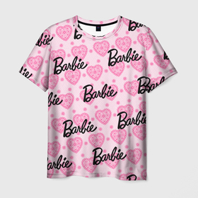 Мужская футболка 3D с принтом Логотип Барби и розовое кружево в Белгороде, 100% полиэфир | прямой крой, круглый вырез горловины, длина до линии бедер | 