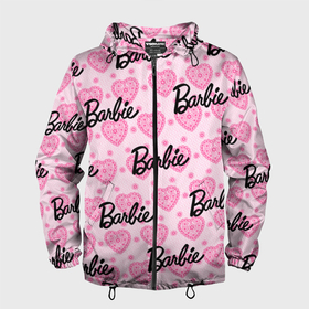 Мужская ветровка 3D с принтом Логотип Барби и розовое кружево в Кировске, 100% полиэстер | подол и капюшон оформлены резинкой с фиксаторами, два кармана без застежек по бокам, один потайной карман на груди | 