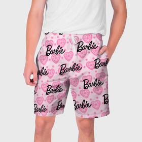 Мужские шорты 3D с принтом Логотип Барби и розовое кружево ,  полиэстер 100% | прямой крой, два кармана без застежек по бокам. Мягкая трикотажная резинка на поясе, внутри которой широкие завязки. Длина чуть выше колен | Тематика изображения на принте: 