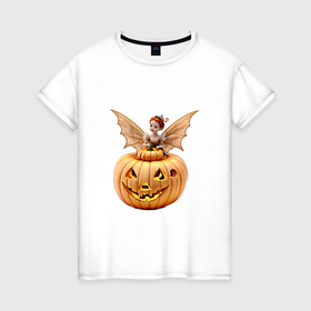 Женская футболка хлопок с принтом маленькая фея с крыльями на тыкве в хэллоуин в Курске, 100% хлопок | прямой крой, круглый вырез горловины, длина до линии бедер, слегка спущенное плечо | 
