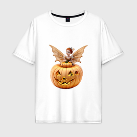 Мужская футболка хлопок Oversize с принтом маленькая фея с крыльями на тыкве в хэллоуин в Екатеринбурге, 100% хлопок | свободный крой, круглый ворот, “спинка” длиннее передней части | Тематика изображения на принте: 