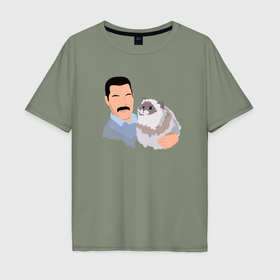 Мужская футболка хлопок Oversize с принтом Фредди Меркьюри с кошкой в Кировске, 100% хлопок | свободный крой, круглый ворот, “спинка” длиннее передней части | 