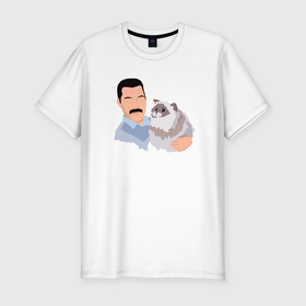 Мужская футболка хлопок Slim с принтом Фредди Меркьюри с кошкой в Новосибирске, 92% хлопок, 8% лайкра | приталенный силуэт, круглый вырез ворота, длина до линии бедра, короткий рукав | 