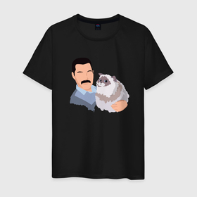 Мужская футболка хлопок с принтом Фредди Меркьюри с кошкой в Новосибирске, 100% хлопок | прямой крой, круглый вырез горловины, длина до линии бедер, слегка спущенное плечо. | 