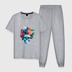 Мужская пижама хлопок с принтом Череп с яркими цветами в мексиканском стиле , 100% хлопок | брюки и футболка прямого кроя, без карманов, на брюках мягкая резинка на поясе и по низу штанин
 | 