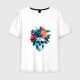 Мужская футболка хлопок Oversize с принтом Череп с яркими цветами в мексиканском стиле в Екатеринбурге, 100% хлопок | свободный крой, круглый ворот, “спинка” длиннее передней части | 