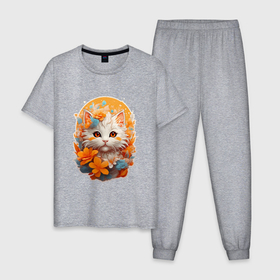 Мужская пижама хлопок с принтом Белый котик с оранжевыми глазами в Петрозаводске, 100% хлопок | брюки и футболка прямого кроя, без карманов, на брюках мягкая резинка на поясе и по низу штанин
 | 
