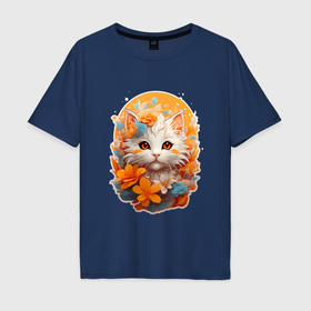 Мужская футболка хлопок Oversize с принтом Белый котик с оранжевыми глазами в Екатеринбурге, 100% хлопок | свободный крой, круглый ворот, “спинка” длиннее передней части | 