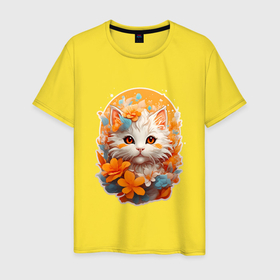 Мужская футболка хлопок с принтом Белый котик с оранжевыми глазами , 100% хлопок | прямой крой, круглый вырез горловины, длина до линии бедер, слегка спущенное плечо. | 