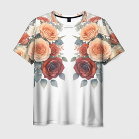 Мужская футболка 3D с принтом Акварельные розы  белый в Кировске, 100% полиэфир | прямой крой, круглый вырез горловины, длина до линии бедер | Тематика изображения на принте: 