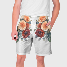 Мужские шорты 3D с принтом Акварельные розы  белый в Петрозаводске,  полиэстер 100% | прямой крой, два кармана без застежек по бокам. Мягкая трикотажная резинка на поясе, внутри которой широкие завязки. Длина чуть выше колен | 