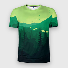 Мужская футболка 3D Slim с принтом Горный пейзаж   хвойный лес , 100% полиэстер с улучшенными характеристиками | приталенный силуэт, круглая горловина, широкие плечи, сужается к линии бедра | 
