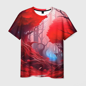 Мужская футболка 3D с принтом Загадочный красный лес   нейросеть в Тюмени, 100% полиэфир | прямой крой, круглый вырез горловины, длина до линии бедер | 