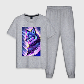 Мужская пижама хлопок с принтом Светящийся волк   нейросеть   поп арт в Екатеринбурге, 100% хлопок | брюки и футболка прямого кроя, без карманов, на брюках мягкая резинка на поясе и по низу штанин
 | 