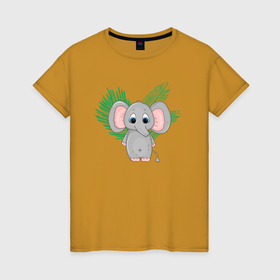 Женская футболка хлопок с принтом Слон в тропиках в Петрозаводске, 100% хлопок | прямой крой, круглый вырез горловины, длина до линии бедер, слегка спущенное плечо | 