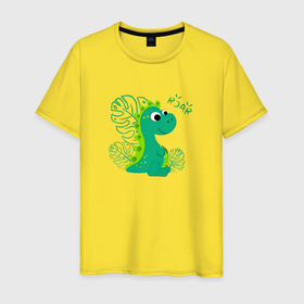 Мужская футболка хлопок с принтом Милый  зеленый динозавр в Петрозаводске, 100% хлопок | прямой крой, круглый вырез горловины, длина до линии бедер, слегка спущенное плечо. | 