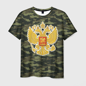 Мужская футболка 3D с принтом Россия   герб и камуфляж в Кировске, 100% полиэфир | прямой крой, круглый вырез горловины, длина до линии бедер | 