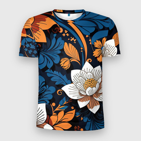Мужская футболка 3D Slim с принтом Ночной сад цветов в Курске, 100% полиэстер с улучшенными характеристиками | приталенный силуэт, круглая горловина, широкие плечи, сужается к линии бедра | 