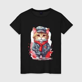 Женская футболка хлопок с принтом Котёнок октябрёнок в Петрозаводске, 100% хлопок | прямой крой, круглый вырез горловины, длина до линии бедер, слегка спущенное плечо | 