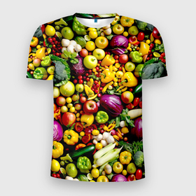 Мужская футболка 3D Slim с принтом Свежие овощи и фрукты в Петрозаводске, 100% полиэстер с улучшенными характеристиками | приталенный силуэт, круглая горловина, широкие плечи, сужается к линии бедра | 