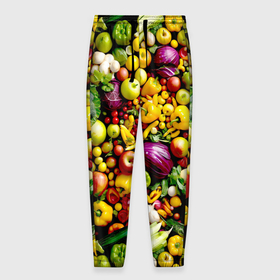 Мужские брюки 3D с принтом Свежие овощи и фрукты в Тюмени, 100% полиэстер | манжеты по низу, эластичный пояс регулируется шнурком, по бокам два кармана без застежек, внутренняя часть кармана из мелкой сетки | 